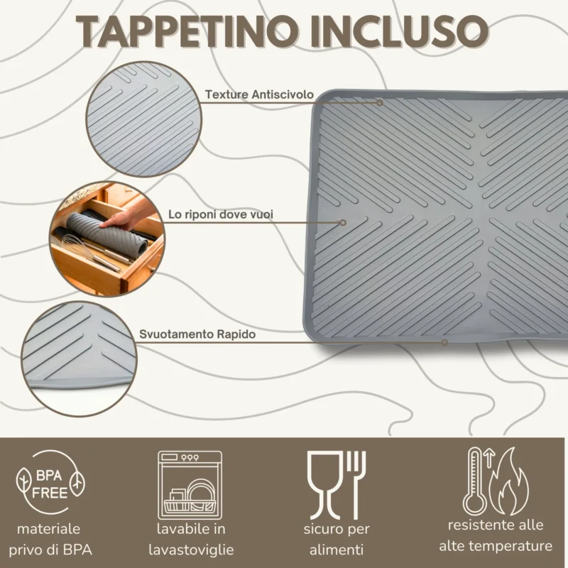 Dettaglio texture antiscivolo del tappetino scolapiatti Scolì Kesirio