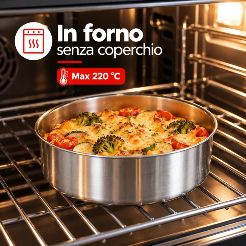Contenitore alimentare rotondo in acciaio inox senza coperchio, con verdure gratinate, all'interno di un forno domestico.