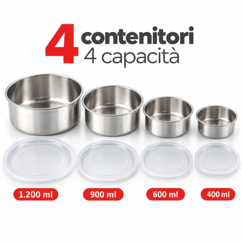 Set di 4 contenitori alimentari rotondi in acciaio inox con coperchi trasparenti, capacità 400, 600, 900 e 1.200 ml.