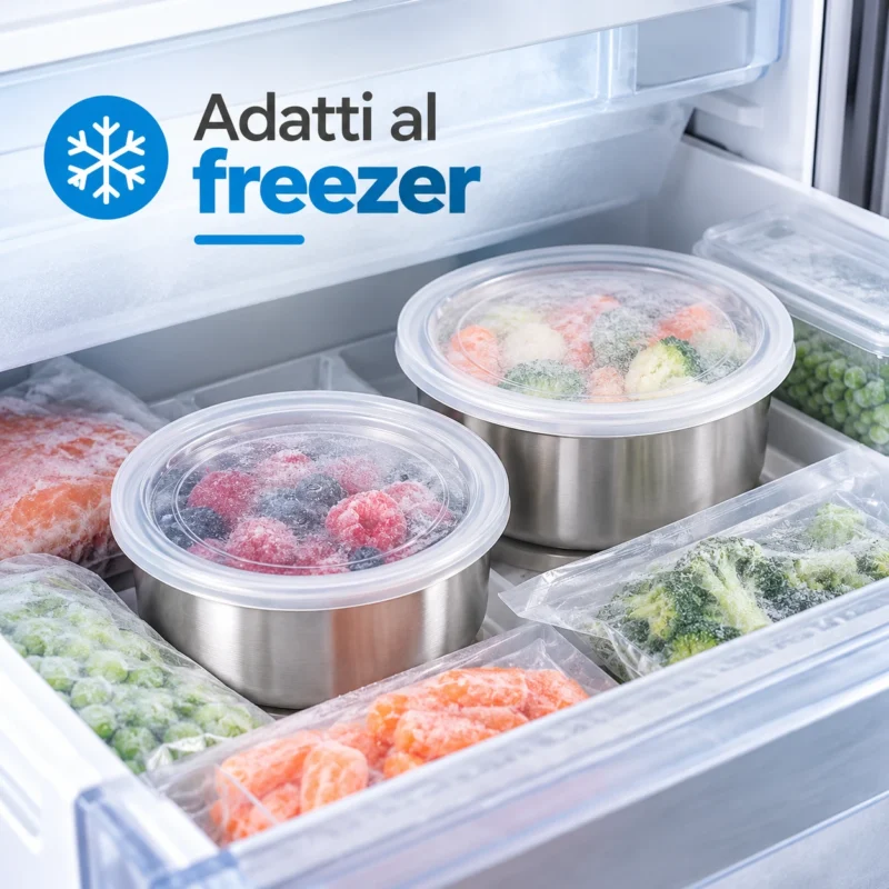 Due contenitori alimentari rotondi in acciaio inox con coperchi trasparenti, utilizzati per conservare alimenti nel freezer.