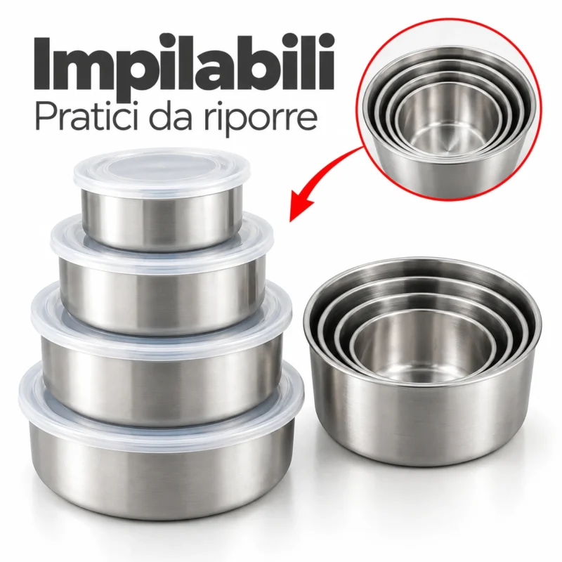 Contenitori alimentari rotondi in acciaio inox mostrati sovrapposti e inseriti uno nell'altro per illustrare l'impilabilità.