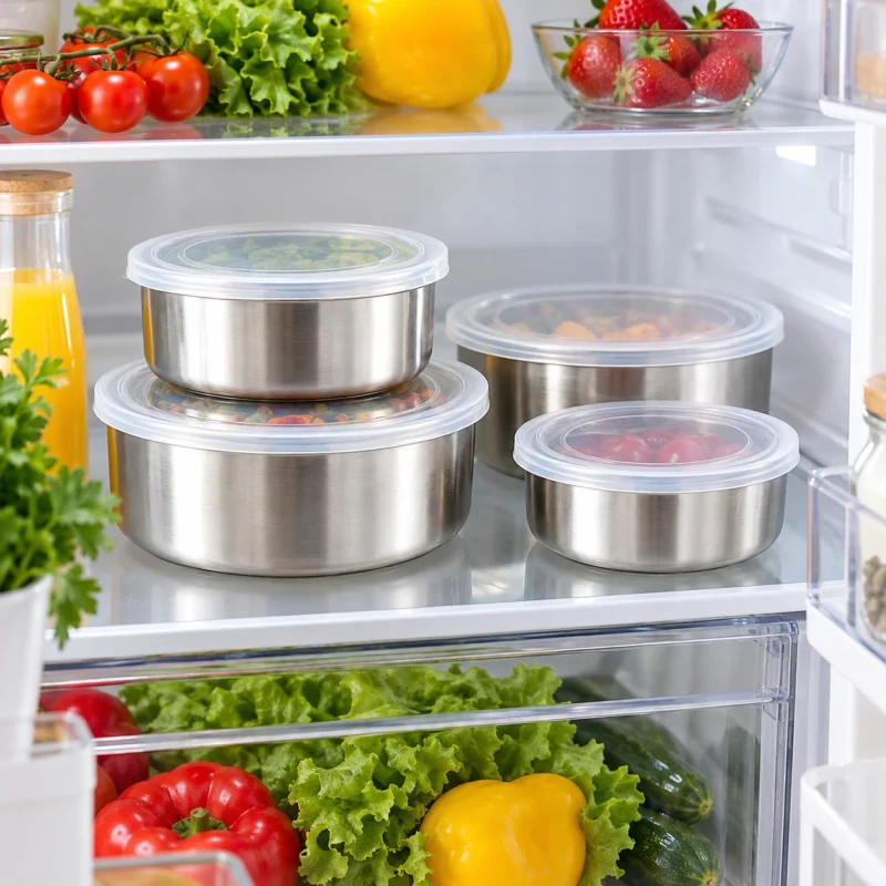 Due contenitori alimentari rotondi in acciaio inox con coperchi trasparenti, impilati su un ripiano di frigorifero organizzato.