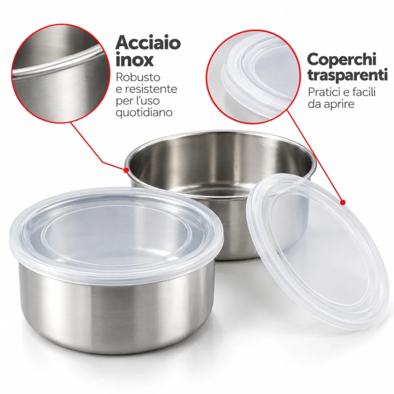 Dettaglio di due contenitori alimentari rotondi in acciaio inox, uno chiuso e uno aperto, con coperchi trasparenti in polietilene.