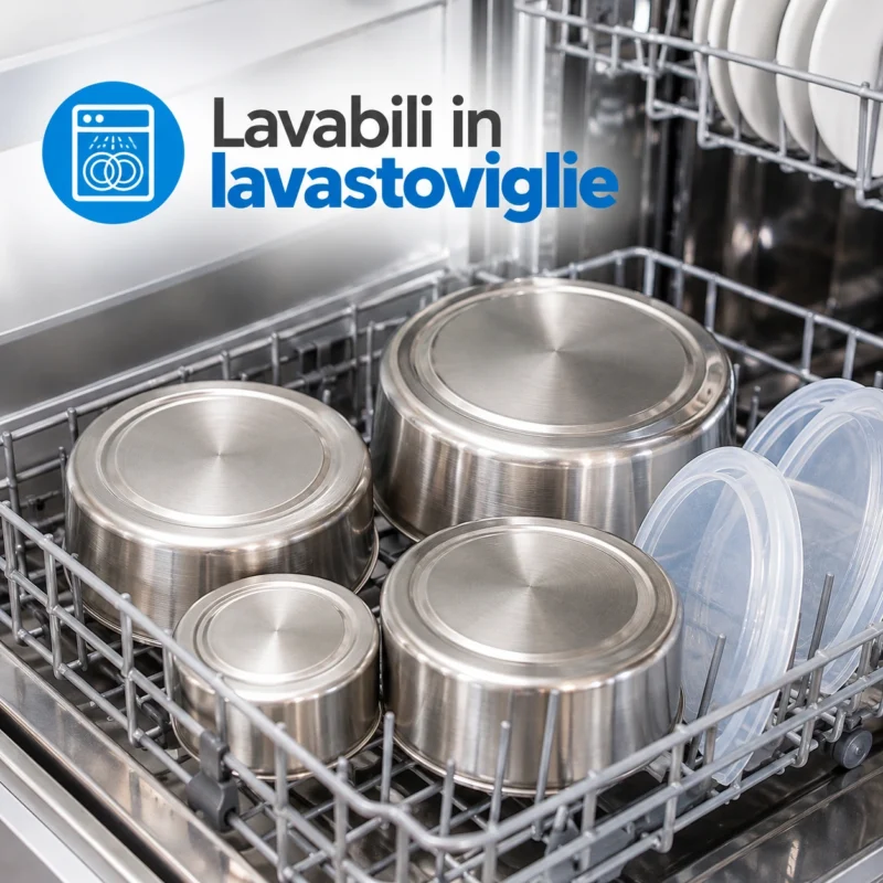 Due contenitori alimentari rotondi in acciaio inox, posizionati capovolti nel cestello di una lavastoviglie aperta, senza coperchi.