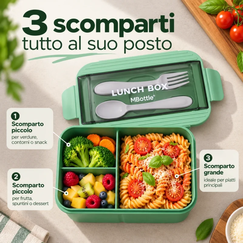 Interno del portapranzo MBottle con tre scomparti