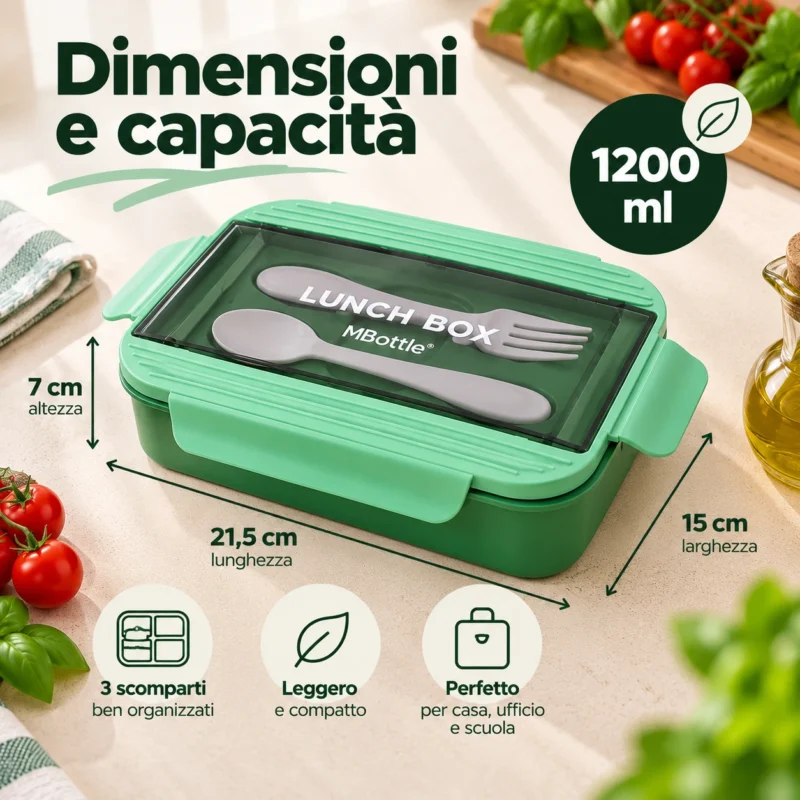 Portapranzo MBottle verde da 1200 ml con tre scomparti, pasta, verdure e frutta, ambientato su una scrivania da ufficio.