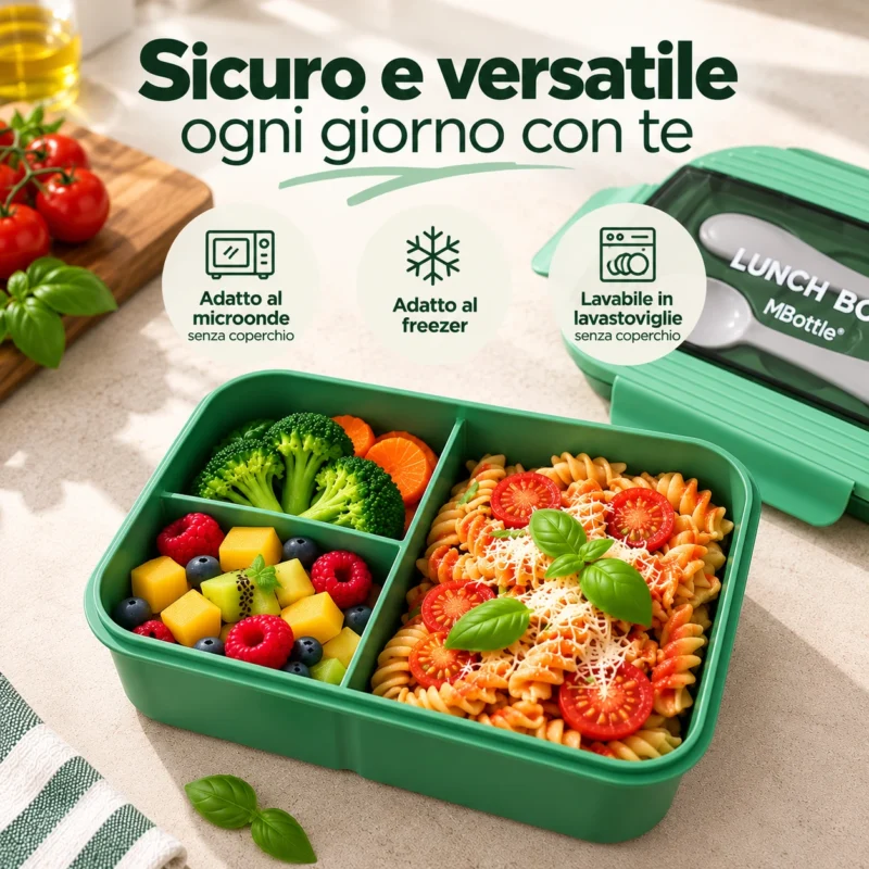 Portapranzo MBottle verde da 1200 ml con tre scomparti contenenti pasta, verdure e frutta, con coperchio e posate incluse.