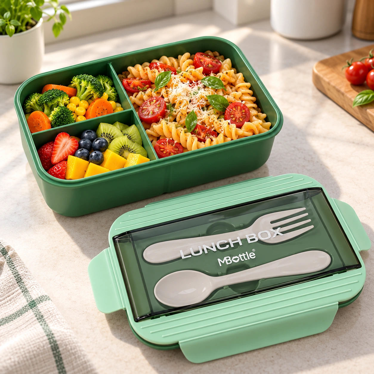 Portapranzo MBottle verde da 1200 ml con tre scomparti e posate incluse