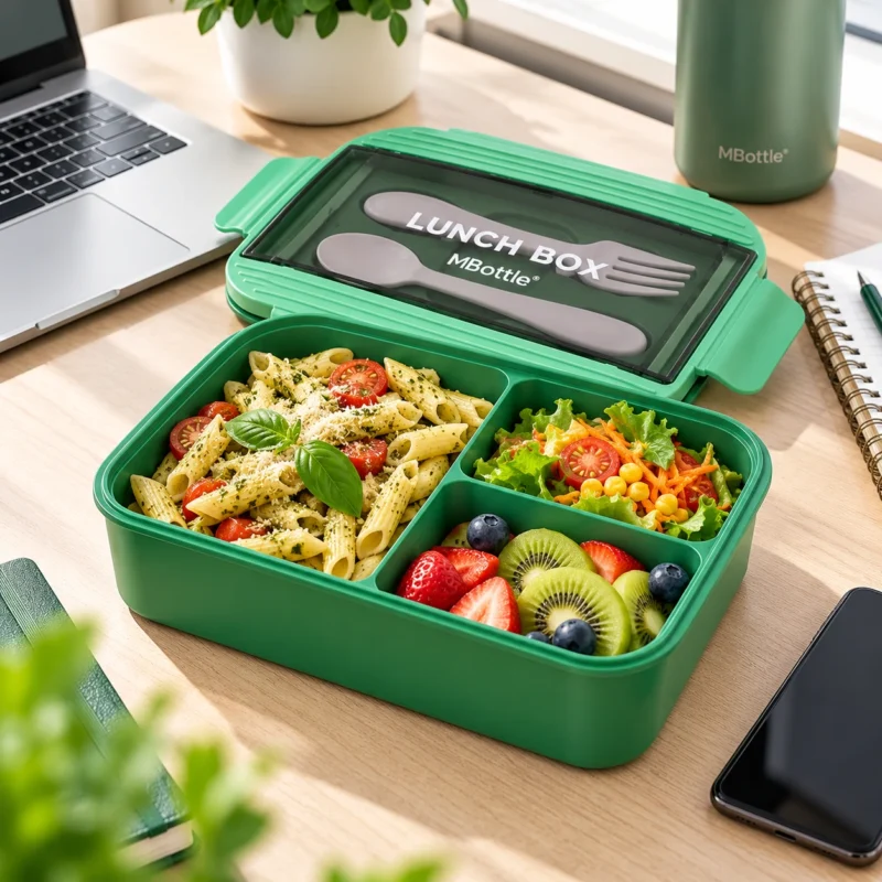 Portapranzo MBottle verde da 1200 ml con tre scomparti, pasta, verdure e frutta, ambientato su una scrivania da ufficio.