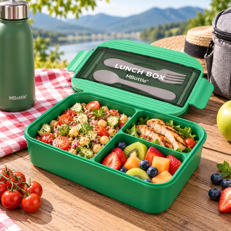 Portapranzo MBottle verde da 1200 ml chiuso, con posate integrate nel coperchio, ambientato su un tavolo da picnic.