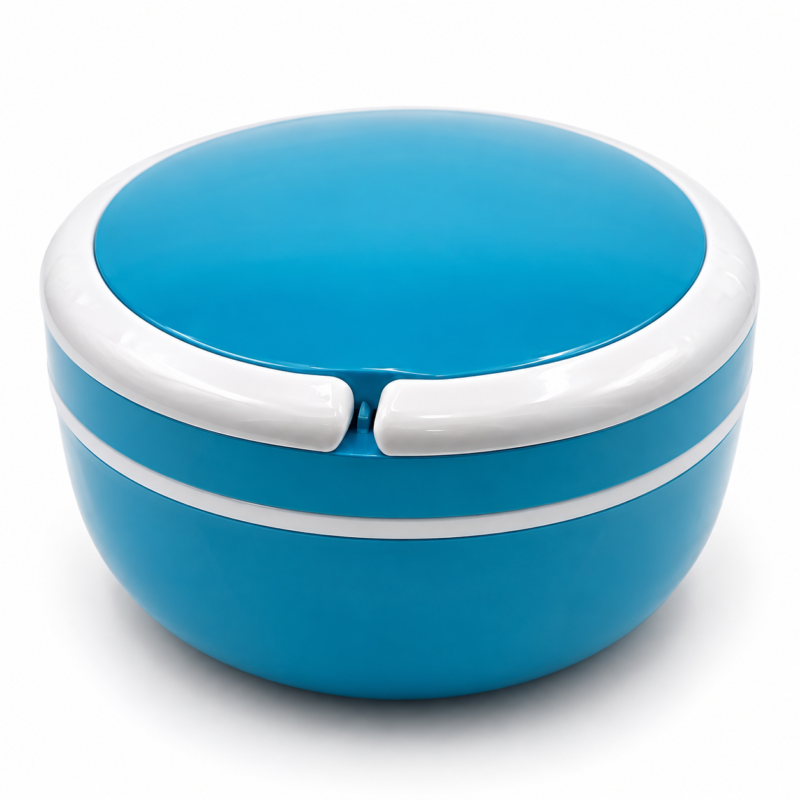 Portapranzo rotondo blu turchese da 600 ml con coperchio e bordatura bianca, vista frontale su sfondo bianco.