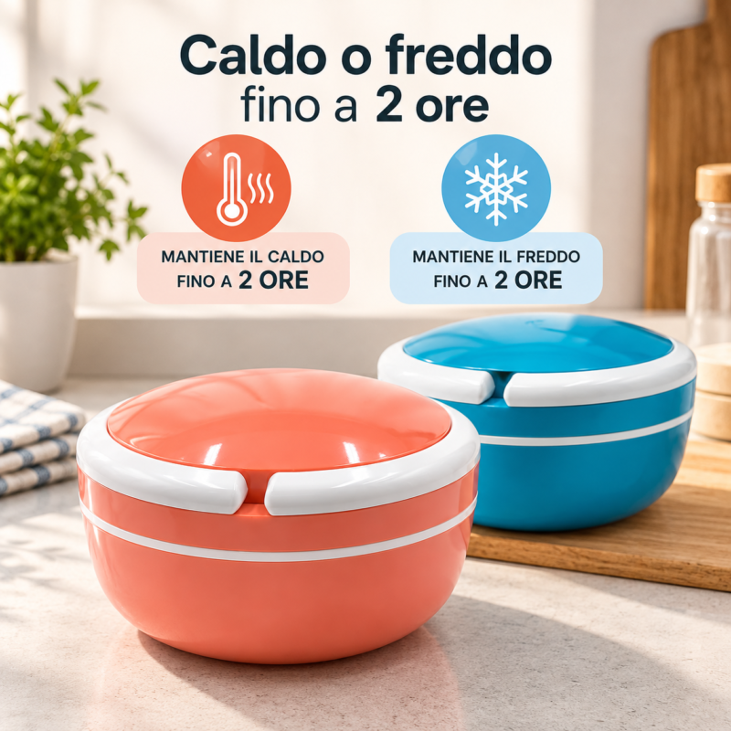 Portapranzo rotondo da 600 ml nelle varianti blu e rosa, con indicazione del mantenimento del cibo caldo o freddo fino a 2 ore.