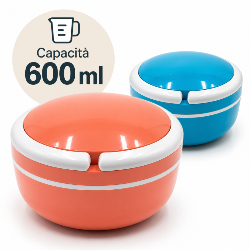 Portapranzo rotondo da 600 ml nelle varianti rosa corallo e blu turchese, con coperchio bianco e indicazione della capacità.
