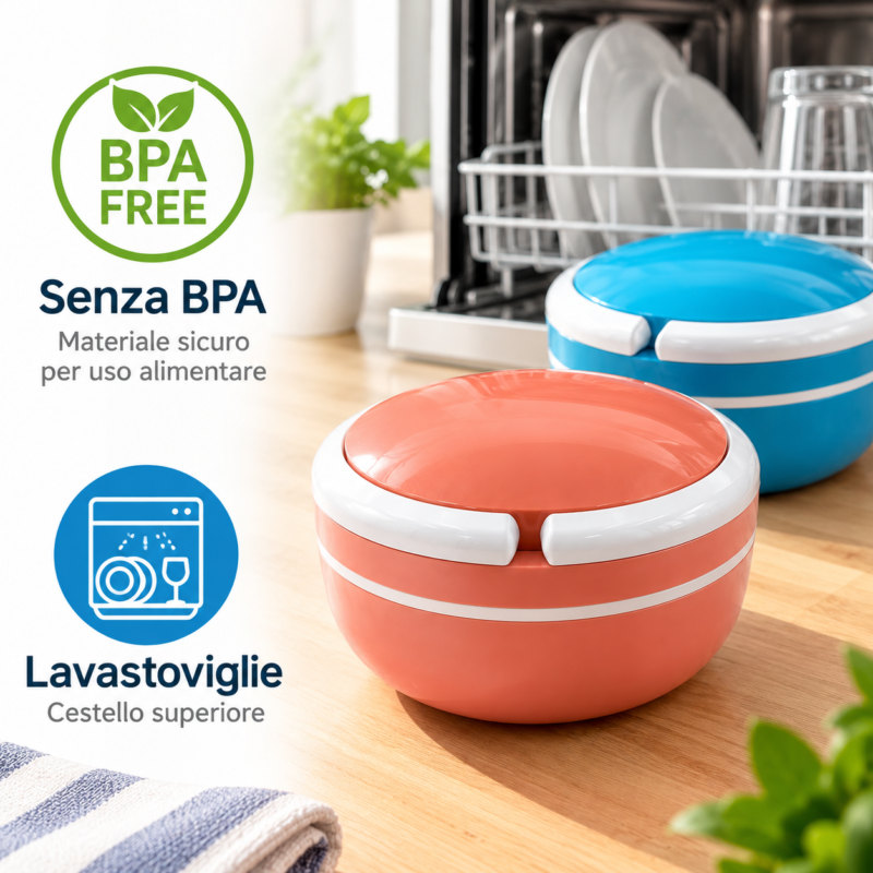 Portapranzo rotondo blu da 600 ml in plastica per uso alimentare, senza BPA e lavabile in lavastoviglie nel cestello superiore.