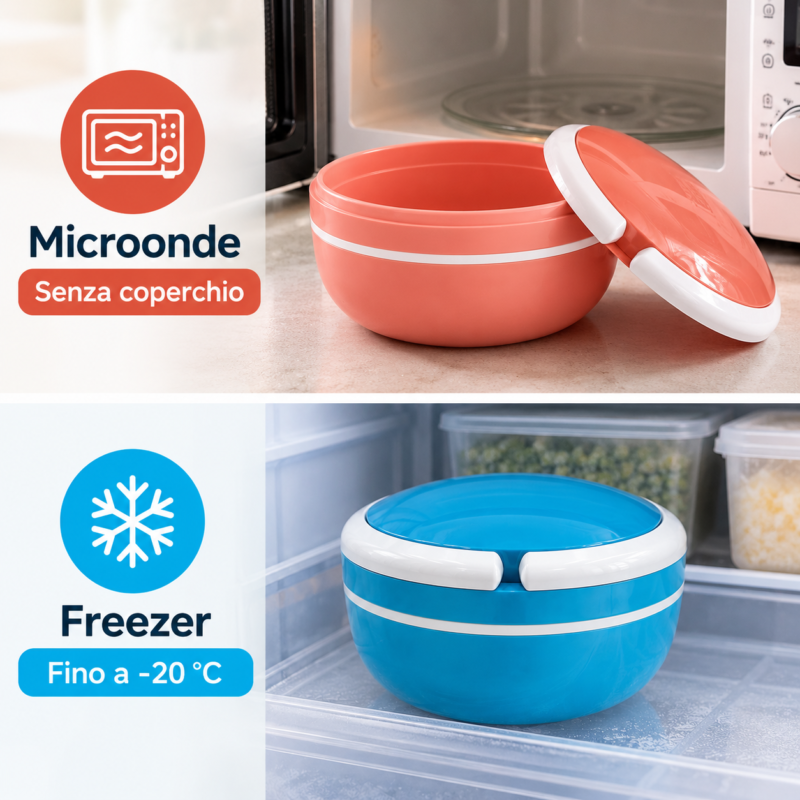 Portapranzo rotondo blu da 600 ml con indicazioni per l'utilizzo in microonde senza coperchio e la conservazione in freezer fino a −20 °C.