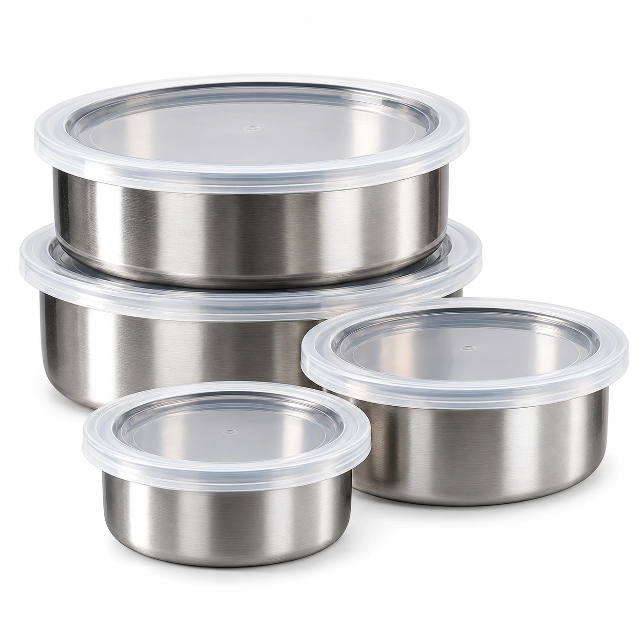 Set di 4 contenitori alimentari rotondi in acciaio inox con coperchi trasparenti, di diverse capacità, disposti su sfondo bianco.
