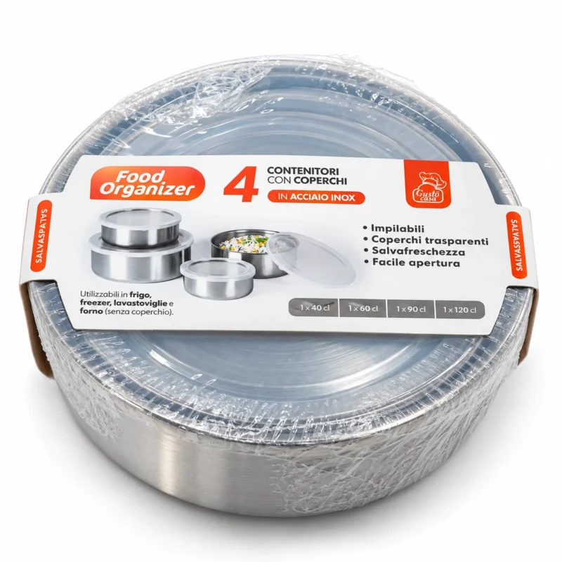 Confezione Food Organizer Gusto Casa con set di 4 contenitori alimentari rotondi in acciaio inox e coperchi trasparenti.